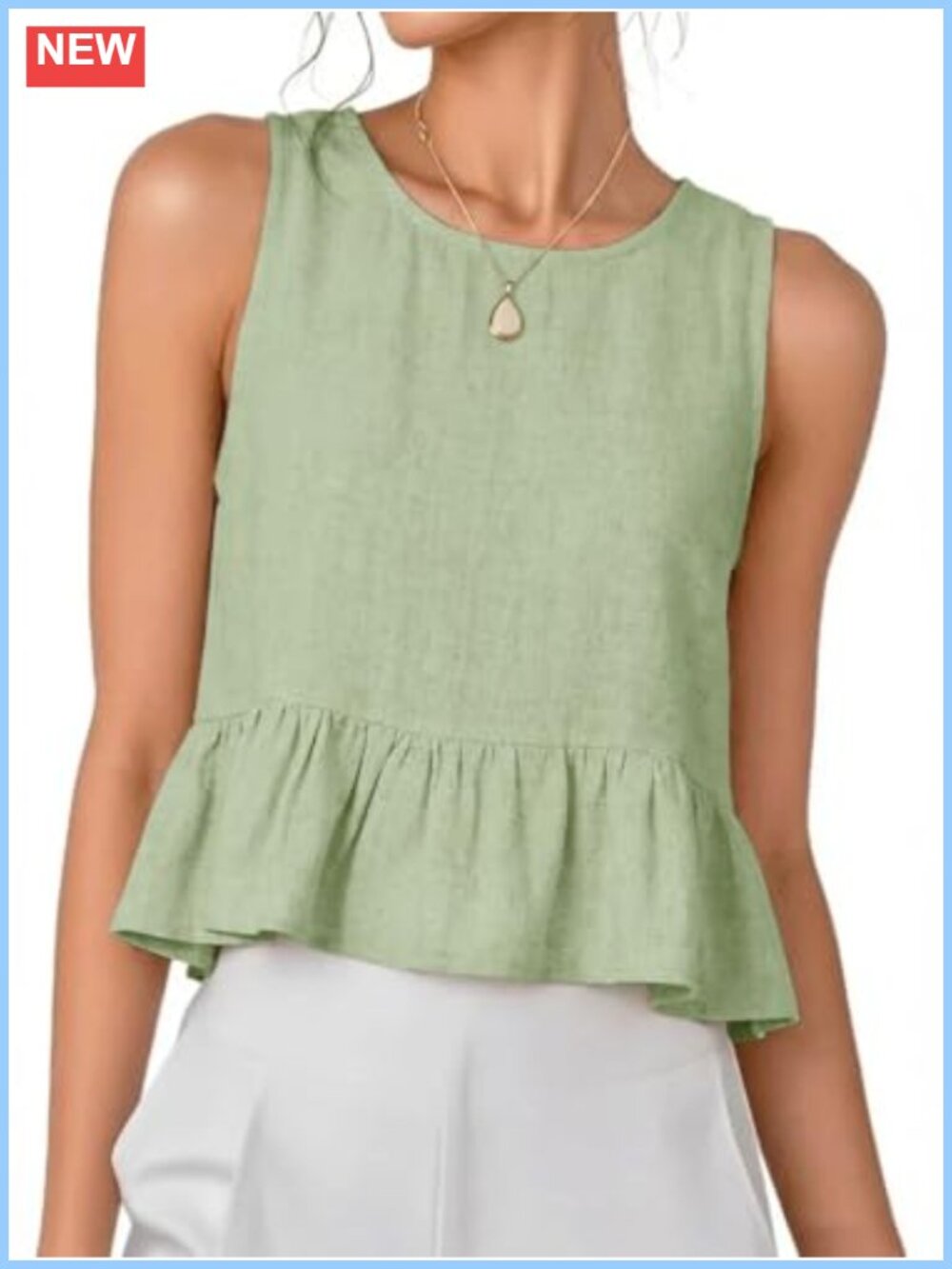 Ruffle Hem Linen Blend Sleeveless Tank Top Crew Neck Casual Beach Vest
